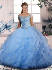 Luxurious Blue Lace Up Quinceanera Dress Beading and Ruffles Sleeveless Floor Length