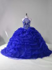 Best Royal Blue Organza Lace Up 15th Birthday Dress Long Sleeves Court Train Beading and Pick Ups