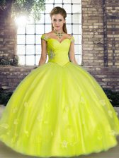  Yellow Green Lace Up Off The Shoulder Beading and Appliques Sweet 16 Dress Tulle Sleeveless