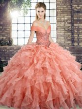  Off The Shoulder Sleeveless Ball Gown Prom Dress Brush Train Beading and Ruffles Peach Organza