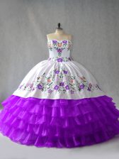  Sweetheart Sleeveless Lace Up Quinceanera Gowns White And Purple Organza