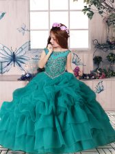 High Quality Teal Sleeveless Beading and Pick Ups Floor Length Little Girls Pageant Gowns