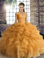Designer Orange Sweet 16 Dress Military Ball and Sweet 16 and Quinceanera with Beading and Ruffles and Pick Ups Off The Shoulder Sleeveless Lace Up