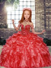  Red High-neck Neckline Beading and Ruffles Pageant Dress Sleeveless Lace Up
