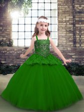 High End Green Tulle Lace Up Straps Sleeveless Floor Length Child Pageant Dress Beading