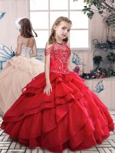 Best Halter Top Sleeveless Lace Up Little Girls Pageant Gowns Red Organza