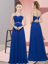 Royal Blue Empire Scoop Sleeveless Chiffon Floor Length Backless Beading Prom Dress