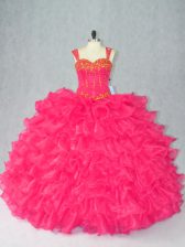 High Quality Red Sleeveless Organza Lace Up Quince Ball Gowns for Sweet 16 and Quinceanera