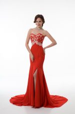 Discount Sweetheart Sleeveless Prom Gown Brush Train Beading and Appliques Red Chiffon