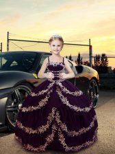  Floor Length Dark Purple Pageant Gowns For Girls Satin Sleeveless Embroidery