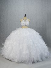 Fantastic White Quinceanera Dresses Sweet 16 and Quinceanera with Beading and Ruffles Scoop Sleeveless Brush Train Lace Up