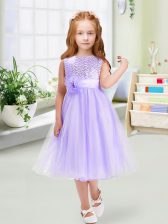  Lavender Empire Organza Scoop Sleeveless Sequins and Hand Made Flower Tea Length Zipper Flower Girl Dresses for Less