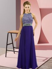 Inexpensive Scoop Sleeveless Homecoming Dress Floor Length Beading Purple Chiffon