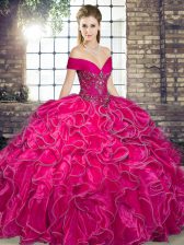  Off The Shoulder Sleeveless Sweet 16 Dresses Floor Length Beading and Ruffles Hot Pink Organza