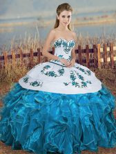  Blue And White Ball Gowns Organza Sweetheart Sleeveless Embroidery and Ruffles and Bowknot Floor Length Lace Up Quinceanera Gown