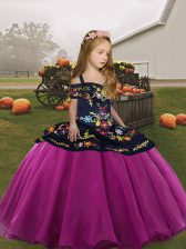  Fuchsia Organza Side Zipper Straps Sleeveless Floor Length Child Pageant Dress Embroidery