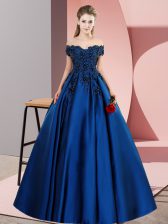  Blue A-line Satin Off The Shoulder Sleeveless Lace Floor Length Zipper Quinceanera Dresses