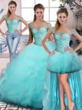 Designer Aqua Blue Lace Up 15 Quinceanera Dress Beading and Ruffles Sleeveless