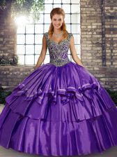 Ideal Floor Length Lace Up Ball Gown Prom Dress Purple for Military Ball and Sweet 16 and Quinceanera with Beading and Ruffled Layers