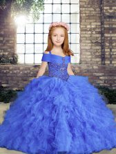  Blue Ball Gowns Straps Sleeveless Tulle Floor Length Lace Up Beading and Ruffles Little Girl Pageant Gowns