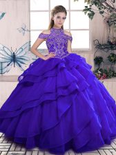  Sleeveless Floor Length Beading and Ruffles Lace Up Sweet 16 Quinceanera Dress with Blue