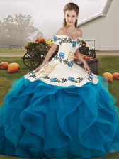 Best Off The Shoulder Sleeveless Quinceanera Dresses Floor Length Embroidery and Ruffles Blue And White Tulle