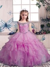 Customized Lilac Organza Lace Up Off The Shoulder Sleeveless Floor Length Little Girls Pageant Dress Wholesale Beading and Ruffles