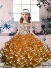  Brown Ball Gowns Beading and Ruffles Little Girls Pageant Dress Lace Up Organza Sleeveless Floor Length