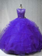  Purple Ball Gowns Beading and Ruffles Quince Ball Gowns Lace Up Tulle Sleeveless