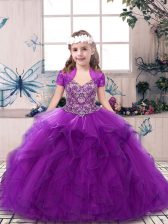 Discount Floor Length Lace Up Pageant Gowns Purple for Party and Sweet 16 and Wedding Party with Beading and Ruffles