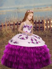 Pretty Fuchsia Lace Up Little Girls Pageant Dress Wholesale Embroidery and Ruffled Layers and Bowknot Sleeveless Floor Length