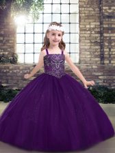  Sleeveless Tulle Floor Length Lace Up Little Girl Pageant Dress in Eggplant Purple with Beading