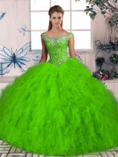 Decent Sleeveless Tulle Brush Train Lace Up Vestidos de Quinceanera in with Beading and Ruffles