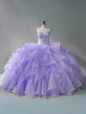 Organza Sweetheart Sleeveless Brush Train Lace Up Beading and Ruffles Quinceanera Dress in Lavender