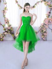  Green Tulle Lace Up Court Dresses for Sweet 16 Sleeveless High Low Lace
