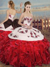  Embroidery and Ruffles and Bowknot Quinceanera Dress White And Red Lace Up Sleeveless Floor Length