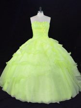 Smart Organza Sweetheart Sleeveless Lace Up Ruffles and Hand Made Flower Sweet 16 Dress in Yellow Green