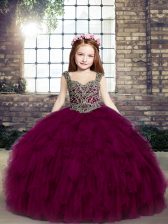 Graceful Fuchsia Ball Gowns Tulle Straps Sleeveless Beading Floor Length Lace Up Girls Pageant Dresses