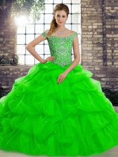  Brush Train Ball Gowns Sweet 16 Dress Green Off The Shoulder Tulle Sleeveless Lace Up