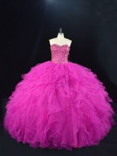  Sleeveless Tulle Floor Length Lace Up Ball Gown Prom Dress in Fuchsia with Beading and Ruffles