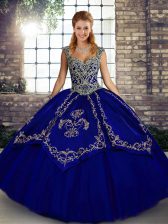  Sleeveless Floor Length Beading and Embroidery Lace Up Ball Gown Prom Dress with Blue