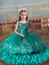  Turquoise Sleeveless Satin and Organza Lace Up Pageant Dress for Teens for Wedding Party