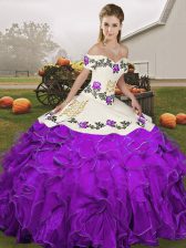 Floor Length White And Purple Quinceanera Dresses Organza Sleeveless Embroidery and Ruffles