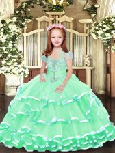 Eye-catching Beading and Ruffled Layers Little Girls Pageant Dress Wholesale Apple Green Lace Up Sleeveless Floor Length