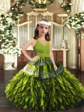 Popular Olive Green Organza Zipper Girls Pageant Dresses Sleeveless Floor Length Appliques and Ruffles