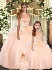 Luxurious Floor Length Backless Quince Ball Gowns Peach for Sweet 16 and Quinceanera with Beading