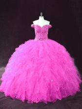  Ball Gowns Sweet 16 Quinceanera Dress Fuchsia Off The Shoulder Tulle Sleeveless Floor Length Lace Up