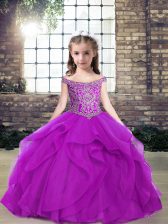 Custom Fit Beading and Ruffles Little Girls Pageant Dress Wholesale Purple Lace Up Sleeveless Floor Length