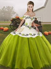  Ball Gowns Quinceanera Dress Olive Green Off The Shoulder Organza Sleeveless Floor Length Lace Up