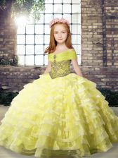  Sleeveless Organza Brush Train Lace Up Pageant Gowns For Girls in Yellow with Beading and Ruffled Layers